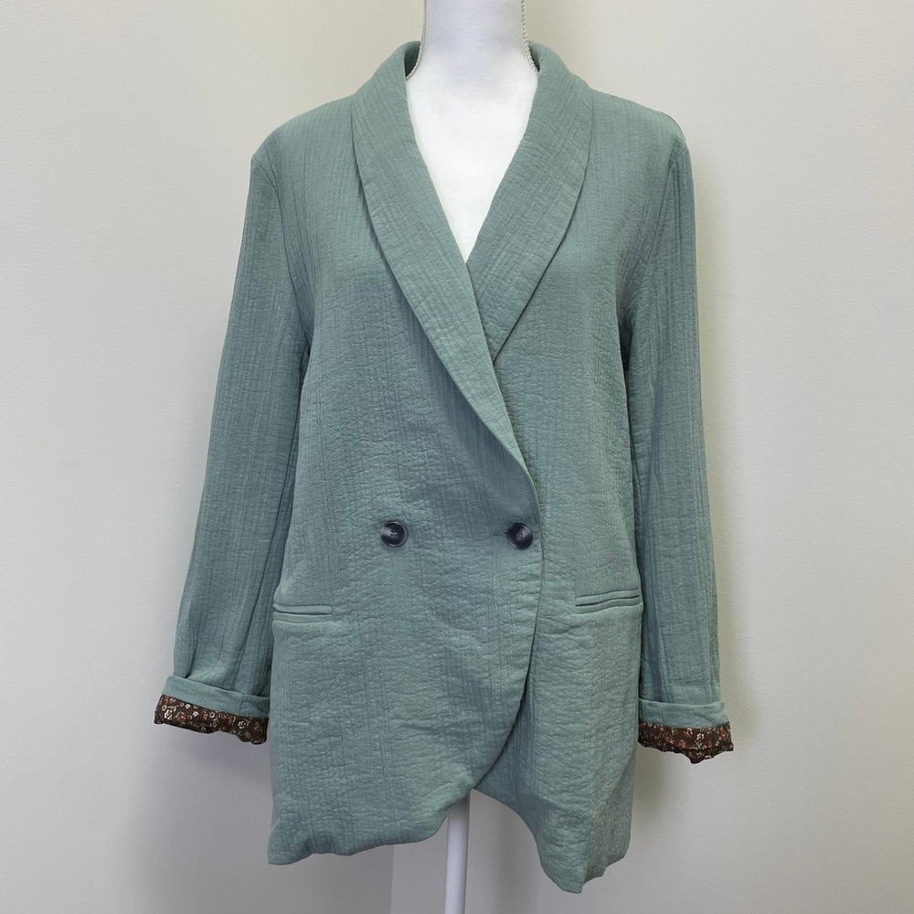 Ott 100% Cotton Gauze Blazer M Sage Green Double Breasted Soft Lagenlook